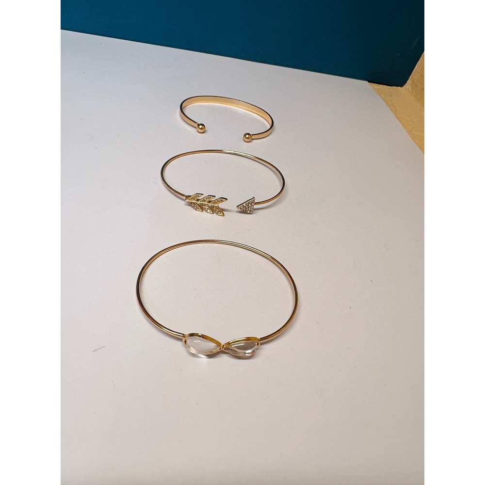 Gold Tone Bangle Bracelet Set 3pc Love Cuff Crystal Arrow Teardrop Stones J10